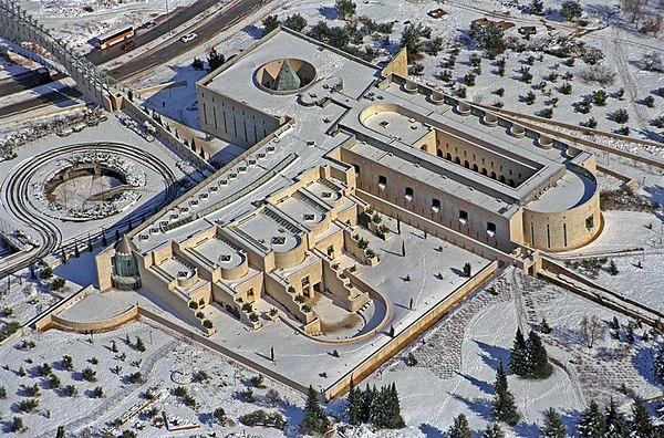 An aerial photo of the Supreme Court building covered in snow