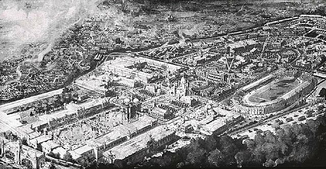 The 1908 Franco-British Exhibition site seen from the air. The White City Stadium is to the right of the view