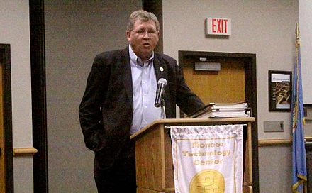 Oklahoma Congressman Frank Lucas speaks at a town hall meeting held in the Pioneer Technology Center in Ponca City, Oklahoma on September 26, 2011.