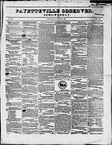 Front page of the March 9, 1865 Fayetteville Observer Front Page of the Fayetteville Observer newspaper from March 9, 1865.jpg