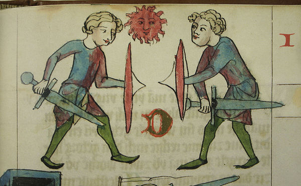 Depiction of a judicial combat in the Dresden codex of the Sachsenspiegel (early to mid-14th century), illustrating the provision that the two combata