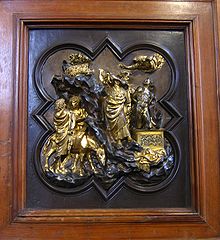 Barbed quatrefoil containing relief of The Sacrifice of Isaac (1401) by Lorenzo Ghiberti for the Baptistry, Florence. Bargello Museum, Florence Ghiberticompetition.jpg