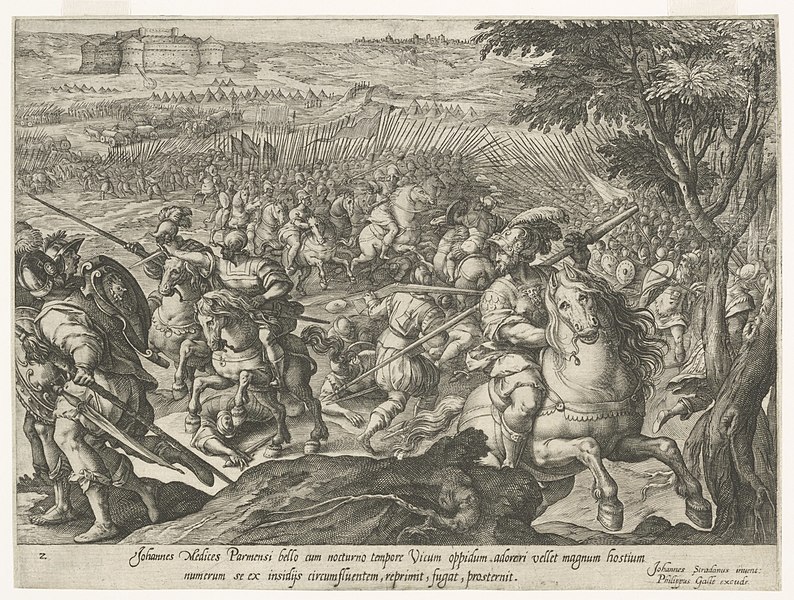 File:Giovanni de' Medici zorgt voor een veilige aftocht van het keizerlijk leger bij het fort van Pontevico. Vanuit het fort wordt geschoten. Het militaire kamp daarvoor wordt opgebroken. Rechts , NL-HlmNHA 53008276.JPG