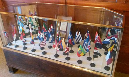 A display of the flags of the nations which participated in the Bretton Woods Conference, located in the Gold Room at Mount Washington Hotel