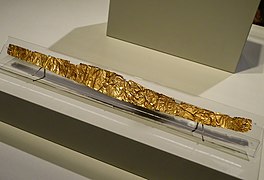 Gold diadem depicting dogs, Minoan, Mochlos Cemetery, 2600-2100 BCE Archaeological Museum of Herakleion.jpg