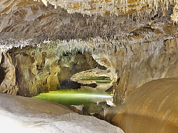 Von der Decke der sandfarbenen, beleuchteten Höhle hängen mehrere Dezimeter lange Stalaktiten. In der Mitte ist ein grünliches Wasserbecken.