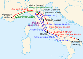 Map of the various legions' movements during the Mutina campaign Guerra di Modena.svg