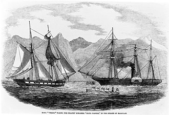 HMS Virago taking pirates' schooner Eliza Cornish in the Straits of Magellan, 1852 H.M.S. Virago taking pirate schooner "Eliza Cornish". Wellcome M0003062.jpg