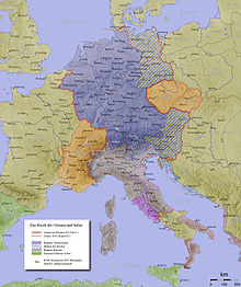 The Holy Roman Empire in 972 (red line) and 1035 (red dots) with the Kingdom of Germany, including Lotharingia, marked in blue HRR 10Jh.jpg