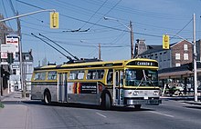 A Flyer E700 trolley bus on Wilson Street in 1987 Hamilton Flyer E700A trolleybus 761 at Wilson and Hughson in 1987.jpg