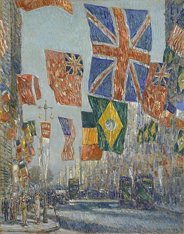 The Allied Avenue, 1917 painting by Childe Hassam, that depicts Manhattan's Fifth Avenue decorated with flags from Allied nations