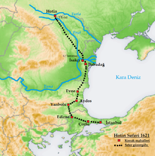 The route of the Ottoman army towards Khotyn (Hotin) which they reached on 2 September 1621 Hotin seferi 1621 hotin campaign map.png