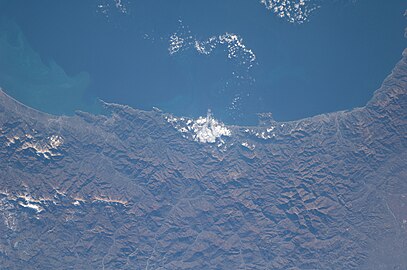 the region from above (ISS photo), Ligurian Apennine Mountains, Monte Pelpi, Monte Maggiorasca, Cinque Terre - Chiavari coast of Mediterranean Sea.