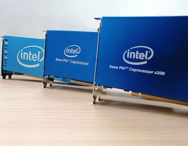 A lineup of the Xeon Phi coprocessors. From the left; Knights Ferry, Knights Corner, Knights Landing.