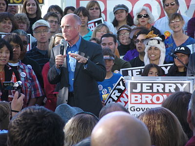 As California State Attorney General, Jerry Brown (shown here campaigning for Governor in 2010) had the ballot's description and title changed from "Limit on Marriage" to "Eliminates the right of same-sex couples to marry" Jerry Brown rally F.jpg