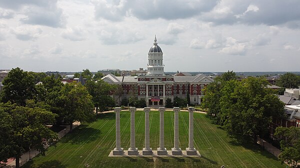 Francis Quadrangle features the columns and Jesse Hall.