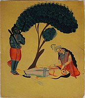 Savitri begs Yama not to take Satyavan, a scene from the Mahabharata.