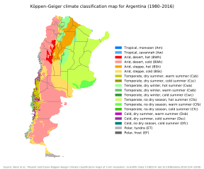 Köppen climate classification map for Argentina for 1980–2016