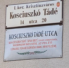 Ŝildo kun stratnomo Kosciuszko en Budapeŝto, Hungario.