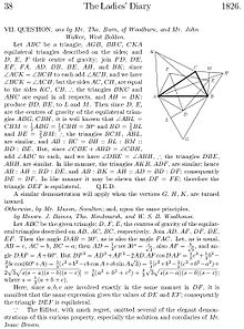 Extract from the 1826 Ladies' Diary giving geometric and analytic proofs LadiesDiary 1826 p38.jpg
