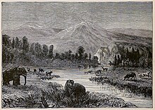 19th century artist's impression of a Pliocene landscape Landscape of the Pliocene epoch - showing environment at the time of men's appearance - drawn by Riou.jpg
