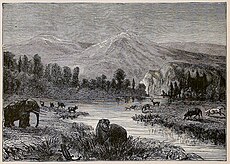 Landscape of the Pliocene epoch - showing environment at the time of men's appearance - drawn by Riou.jpg