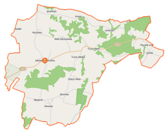 Mapa konturowa gminy Lipowiec Kościelny, po lewej znajduje się punkt z opisem „Lipowiec Kościelny”