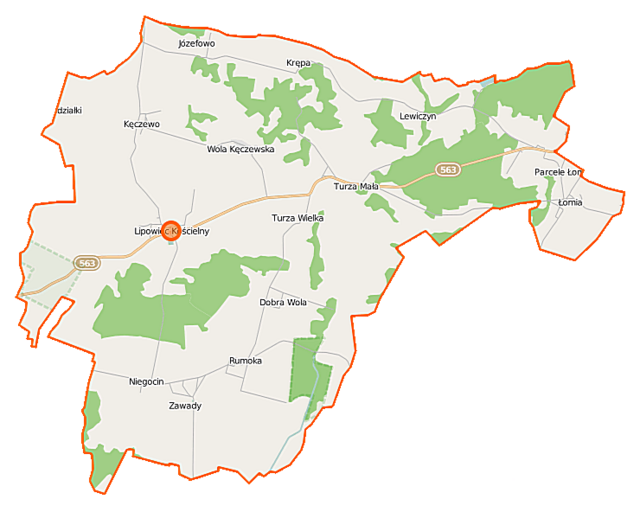 Mapa konturowa gminy Lipowiec Kościelny, po lewej znajduje się punkt z opisem „Kościół świętego Mikołaja”