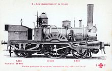 French 2-2-2 locomotive with nearly horizontal cylinders, 1844 Locomotive ndeg 0135 de la Cie de l'Ouest.jpg