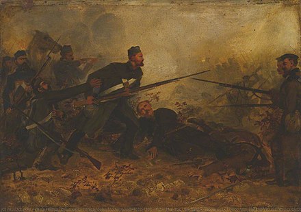A depiction of Private John McDermond saving his commanding officer, Colonel William O'Grady Haly, during the Battle of Inkerman by Louis William Desanges. This action resulted in McDermond being awarded the Victoria Cross.