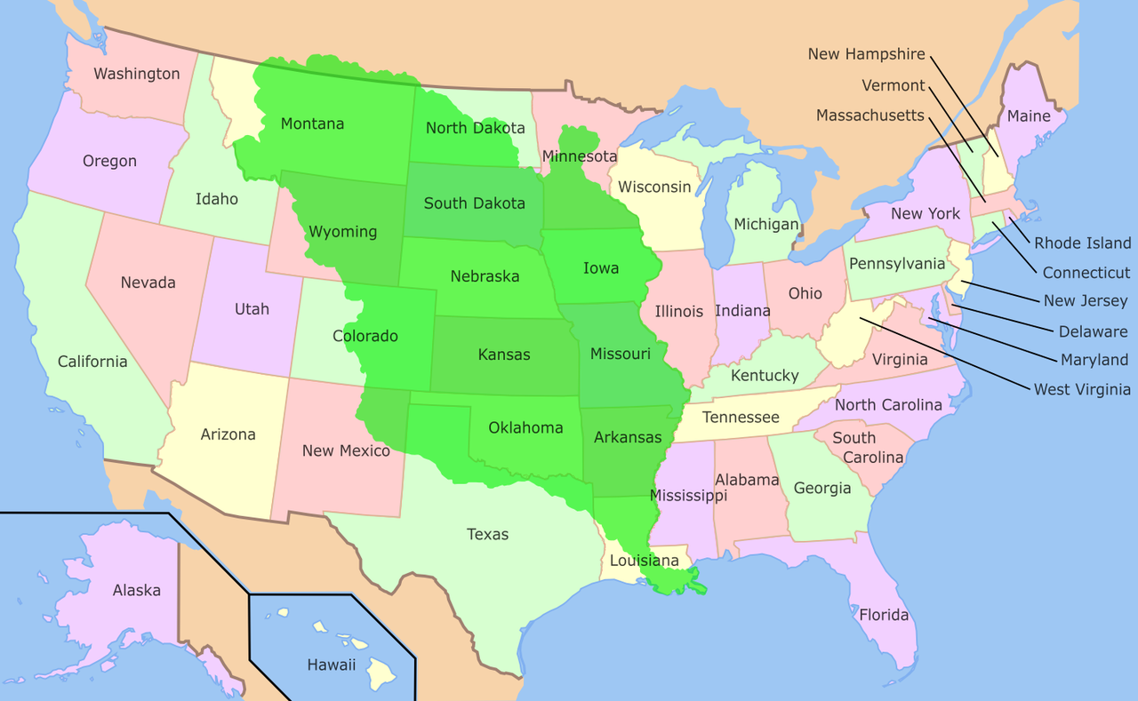 US map showing Louisiana territory (in green)