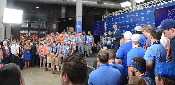 Garber speaking at the announcement event for FC Cincinnati's MLS expansion franchise in 2018