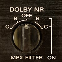 Combined MPX and Dolby switch of a Sony ES cassette deck. MPX may be engaged only when Dolby B or C is on. MPX and Dolby switch, Sony 333 ESG cassette deck.jpg