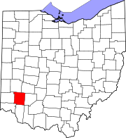 Kort over Ohio med Warren County markeret