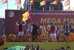 Deb Barma and other party leaders addressing the crowd at a rally in 2022. Mega Mass Gathering of TIPRA Motha.jpg