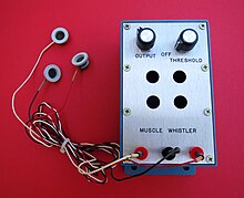 The "Muscle Whistler", shown here with surface EMG electrodes, was an early biofeedback device developed by Harry Garland and Roger Melen in 1971. Muscle Whistler with EMG surface electrodes (1971).jpg