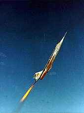 The Lockheed NF-104A had rocket and air-breathing turbojet engines, shown here climbing with rocket power. The rocket used hydrogen peroxide and JP-4 jet fuel. NF-104.jpg