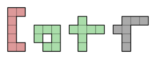 The four heptominoes incapable of tiling the plane, including the one heptomino with a hole. No Tile Heptominoes.png