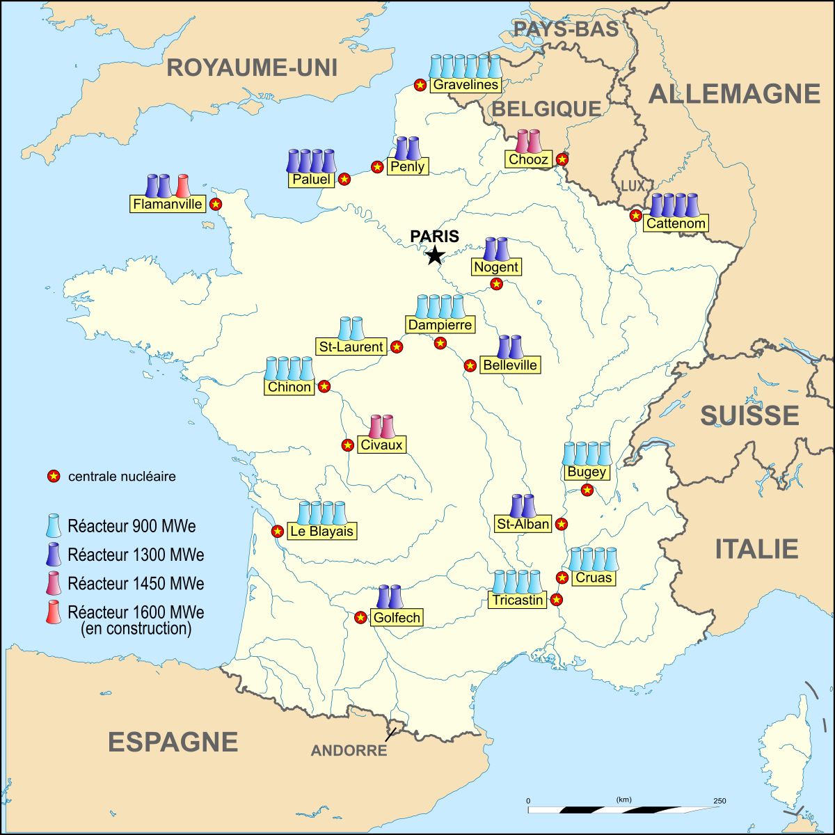 carte des centrales nucléaires france Liste Des Reacteurs Nucleaires En France Wikipedia carte des centrales nucléaires france