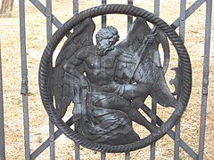 Father Time medallion, gates, Old Newton Burial Ground