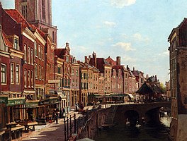 Gezicht op de Vismarkt vanaf de andere zijde geschilderd door Willem Oppenoorth in 1883.(in privécollectie)