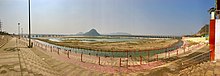 Panorama of Prakasam Barrage and Railway bridges on Krishna near Vijayawada