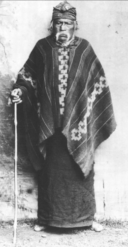 Photographie noir et blanc d'un homme âgé aux longues moustaches blanches, tenant un bâton de la main droite, vêtu d'un châle et d'une tunique tombant jusqu’aux pieds
