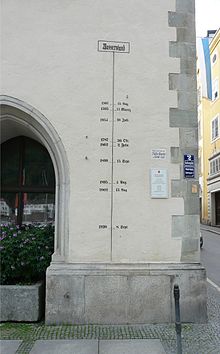 High-water scale 1501-2002 at Passau, Germany, as of September 2012 Passau flood scale Sept 2012.JPG