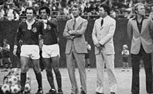 Fltr: Franz Beckenbauer, Carlos Alberto, Bellini, Mauro, Bobby Moore, the captains of World Cup champion squads during Pele's farewell Pele farewell captains.jpg
