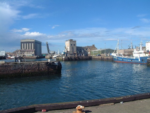 Peterhead's South Harbour in 2002. This view is looking north to Bridge Street. The Queenie Bridge is also in view