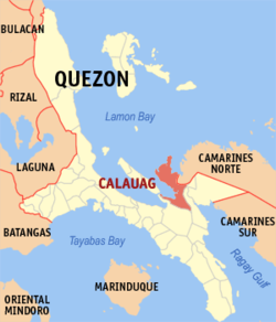 Mapa ng Quezon na nagpapakita sa lokasyon ng Calauag.