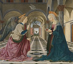 Peinture. Perspective centrale s'éloignant entre l'ange et Marie jusqu'à deux arbres dont un est dépourvu de feuillage.
