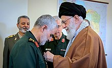 Soleimani receiving the Order of Zolfaghar from Ayatollah Ali Khamenei Qasem Soleimani received Zolfaghar Order from Ali Khamenei 1.jpg