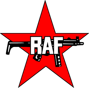 Later design of the RAF's insignia showing a red star and a Heckler Koch MP5 submachine gun